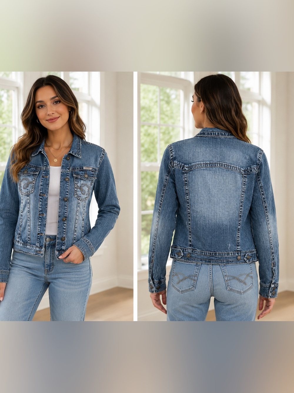 Hydraulic Distressed Trucker Stretch Light Blue Denim Jean Jacket Size Medium